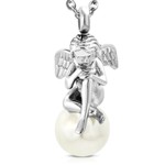 Steel Cherub Angel on White Pearl Pendant